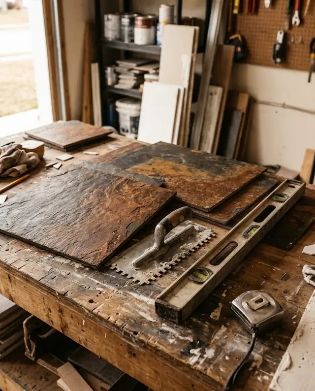 Illustration of tile samples, a trowel and a level laid out on a workbench