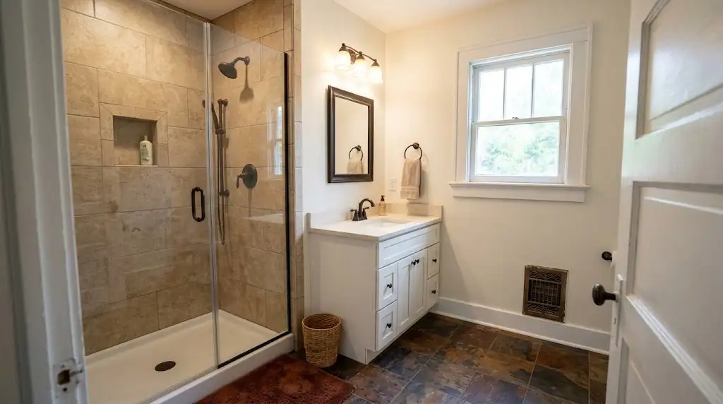 Illustration of a remodeled bathroom with a tiled walk-in shower and slate-look floor, representing bathroom remodeling in Greenville, MS