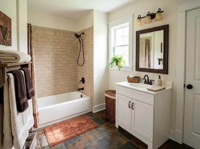 Illustration of a remodeled bathroom with a tub and tile surround
