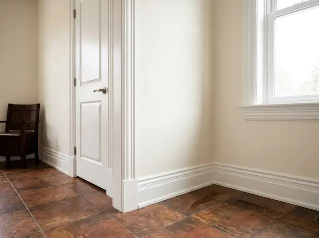 Illustration of new white trim and a door casing in a remodeled room