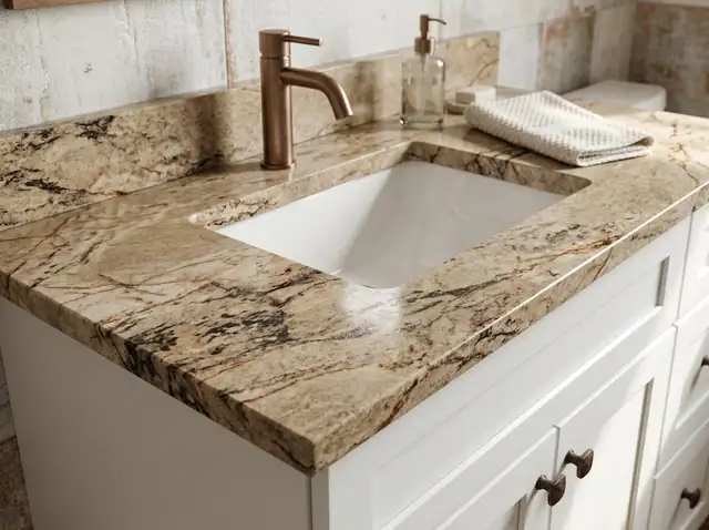 Illustration of a bathroom vanity with a new stone countertop