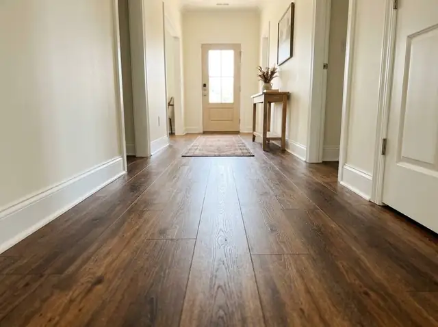 Illustration of a new wood-look floor in a bright hallway